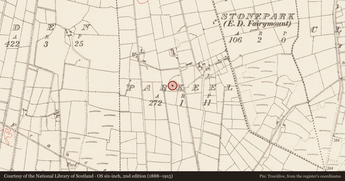 Ordnance Survey six-inch map, 2nd edition (1888–1915) covering the location of Moated site, Parkeel, County Roscommon, with a pin at the register's coordinates