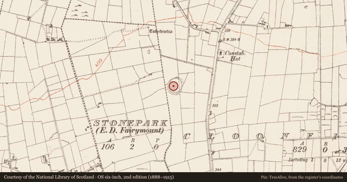 Ordnance Survey six-inch map, 2nd edition (1888–1915) covering the location of Barrow - ring-barrow, Cloonfinglas, County Roscommon, with a pin at the register's coordinates