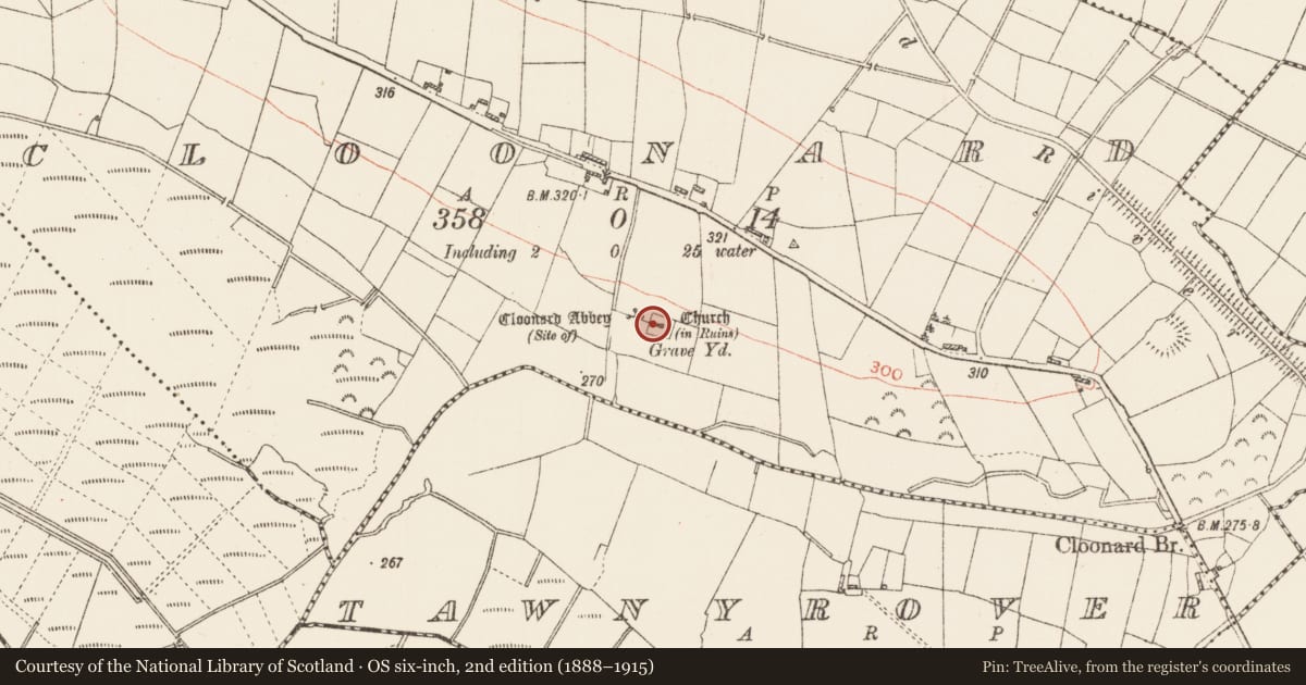 Ordnance Survey six-inch map, 2nd edition (1888–1915) covering the location of Church, Cloonard, County Roscommon, with a pin at the register's coordinates