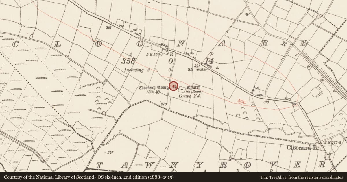Ordnance Survey six-inch map, 2nd edition (1888–1915) covering the location of Ecclesiastical site, Cloonard, County Roscommon, with a pin at the register's coordinates