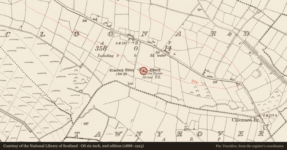 Ordnance Survey six-inch map, 2nd edition (1888–1915) covering the location of Cross, Cloonard, County Roscommon, with a pin at the register's coordinates