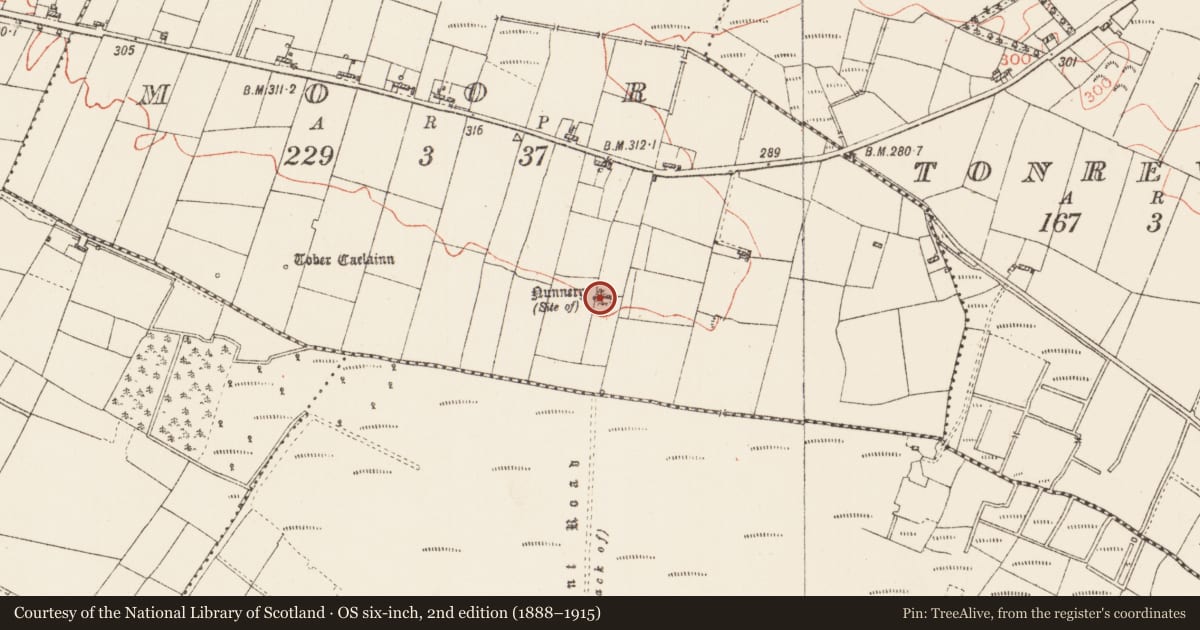 Ordnance Survey six-inch map, 2nd edition (1888–1915) covering the location of Religious house - Augustinian, of Arrouaise nuns, Moor, County Roscommon, with a pin at the register's coordinates