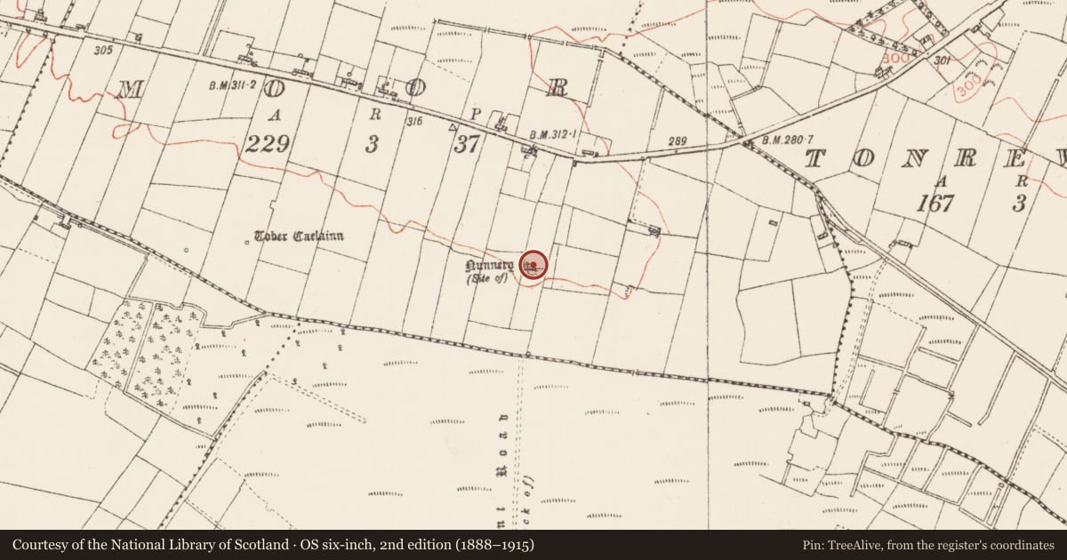 Ordnance Survey six-inch map, 2nd edition (1888–1915) covering the location of Children's burial ground, Moor, County Roscommon, with a pin at the register's coordinates