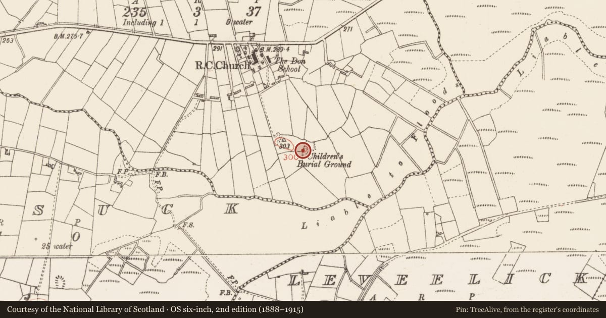 Ordnance Survey six-inch map, 2nd edition (1888–1915) covering the location of Children's burial ground, Cloonbonniff, County Roscommon, with a pin at the register's coordinates