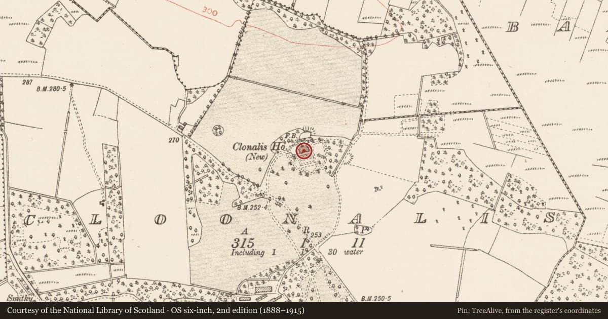 Ordnance Survey six-inch map, 2nd edition (1888–1915) covering the location of Inauguration stone (present location), Cloonalis, County Roscommon, with a pin at the register's coordinates