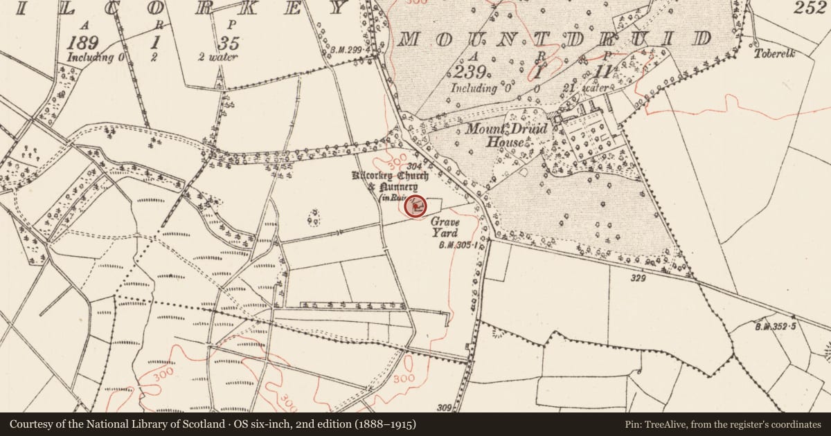 Ordnance Survey six-inch map, 2nd edition (1888–1915) covering the location of Church, Mountdruid, County Roscommon, with a pin at the register's coordinates