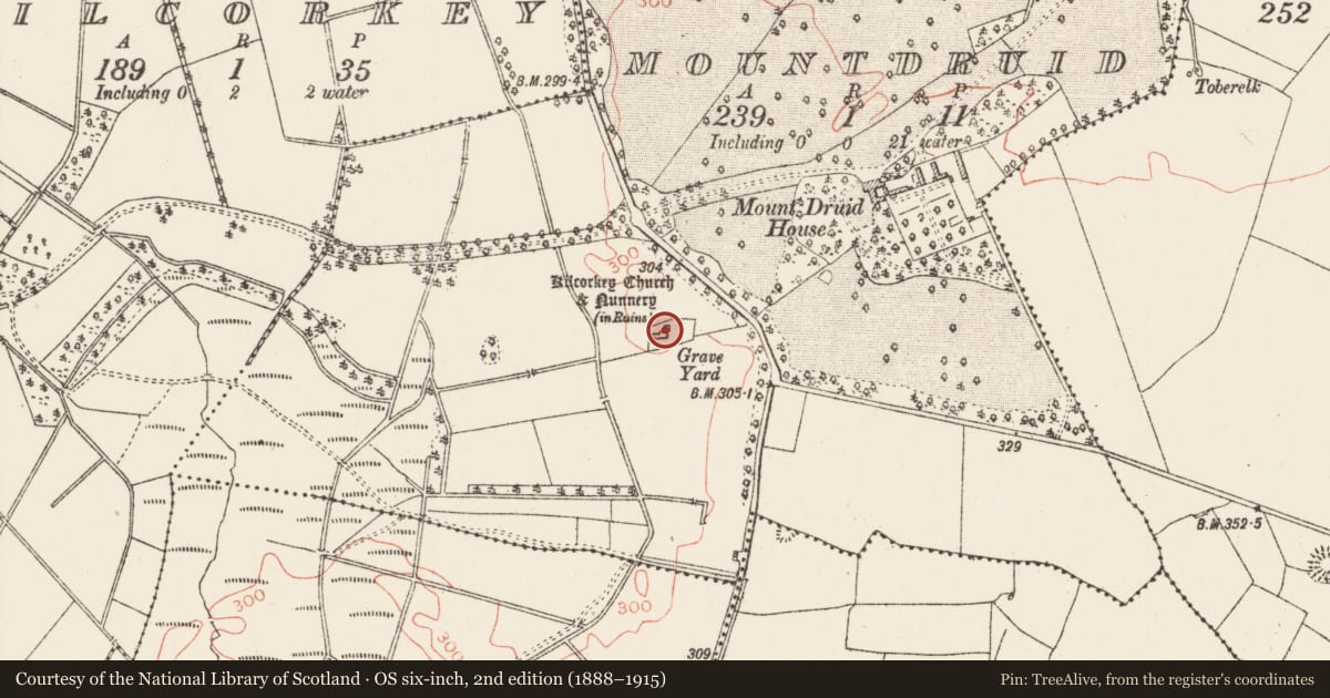 Ordnance Survey six-inch map, 2nd edition (1888–1915) covering the location of Graveyard, Mountdruid, County Roscommon, with a pin at the register's coordinates