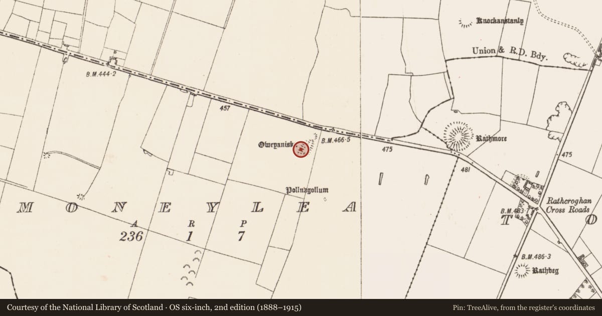 Ordnance Survey six-inch map, 2nd edition (1888–1915) covering the location of Souterrain, Moneylea, County Roscommon, with a pin at the register's coordinates