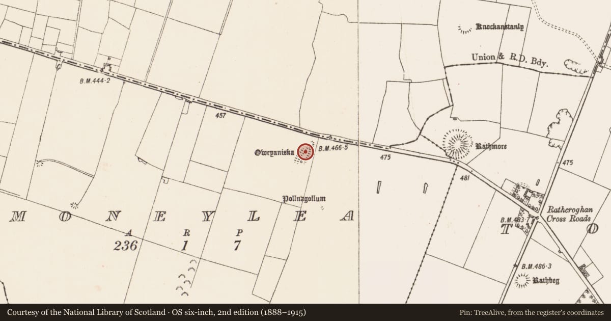 Ordnance Survey six-inch map, 2nd edition (1888–1915) covering the location of Barrow - ring-barrow, Moneylea, County Roscommon, with a pin at the register's coordinates