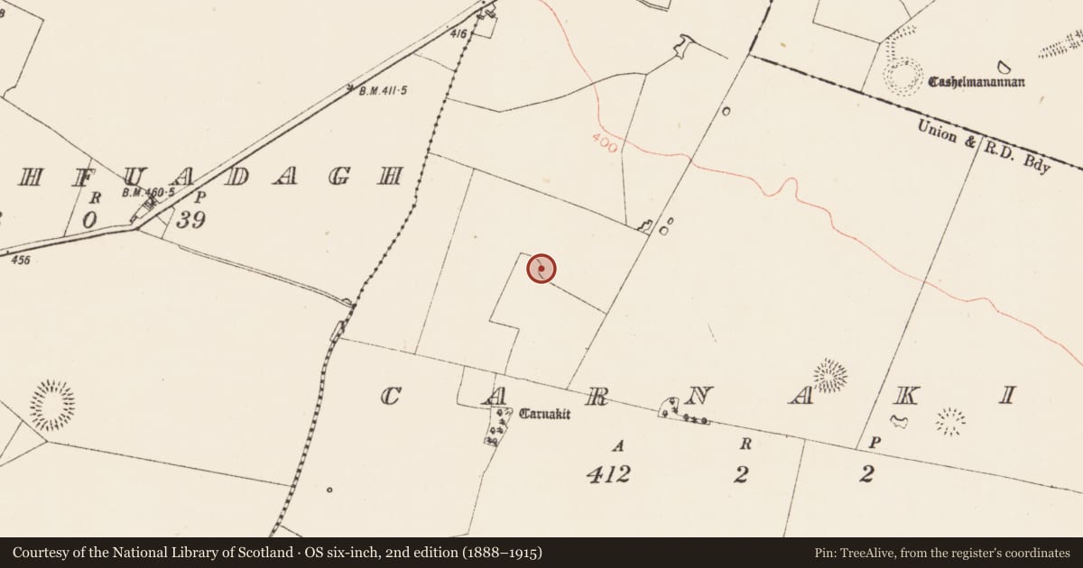 Ordnance Survey six-inch map, 2nd edition (1888–1915) covering the location of Barrow - ring-barrow, Carnakit, County Roscommon, with a pin at the register's coordinates