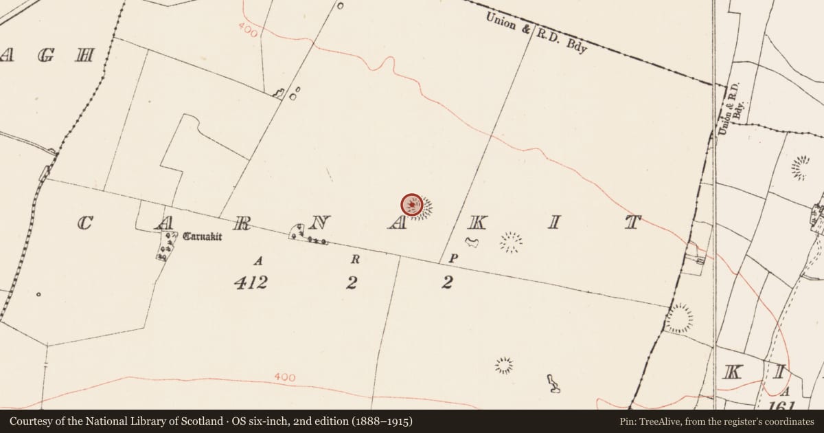 Ordnance Survey six-inch map, 2nd edition (1888–1915) covering the location of Souterrain, Carnakit, County Roscommon, with a pin at the register's coordinates