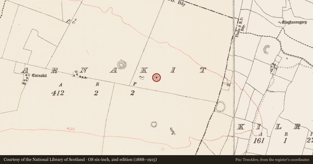 Ordnance Survey six-inch map, 2nd edition (1888–1915) covering the location of Ringfort - rath, Carnakit, County Roscommon, with a pin at the register's coordinates