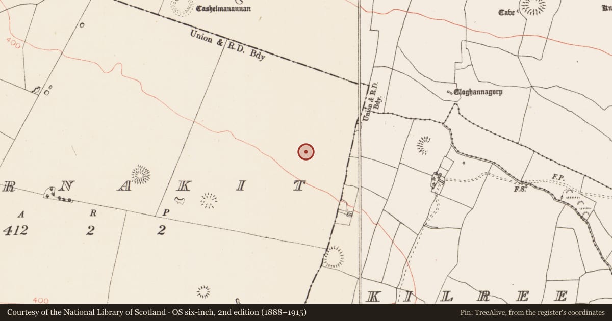 Ordnance Survey six-inch map, 2nd edition (1888–1915) covering the location of Barrow - ring-barrow, Carnakit, County Roscommon, with a pin at the register's coordinates