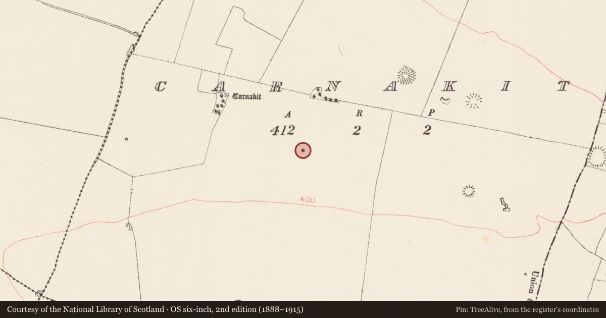Ordnance Survey six-inch map, 2nd edition (1888–1915) covering the location of Barrow - ditch barrow, Carnakit, County Roscommon, with a pin at the register's coordinates