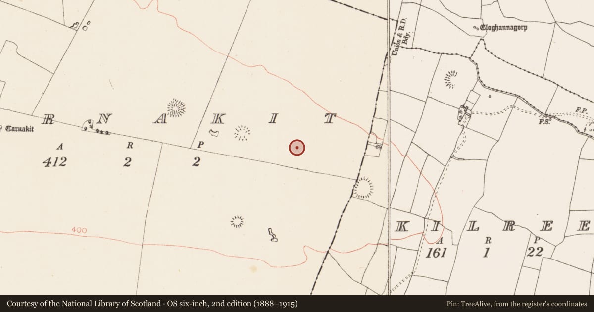 Ordnance Survey six-inch map, 2nd edition (1888–1915) covering the location of Souterrain, Carnakit, County Roscommon, with a pin at the register's coordinates