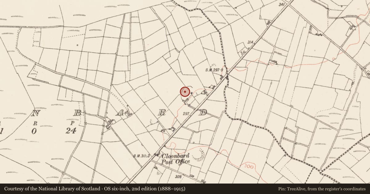 Ordnance Survey six-inch map, 2nd edition (1888–1915) covering the location of Enclosure, Cloonbard, County Roscommon, with a pin at the register's coordinates
