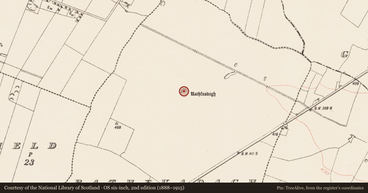 Ordnance Survey six-inch map, 2nd edition (1888–1915) covering the location of Ringfort - rath, Rathfuadagh, County Roscommon, with a pin at the register's coordinates