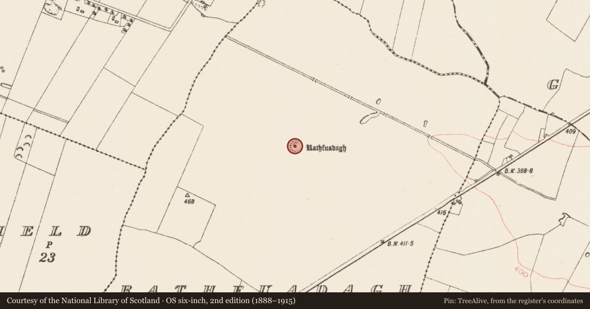 Ordnance Survey six-inch map, 2nd edition (1888–1915) covering the location of House - indeterminate date, Rathfuadagh, County Roscommon, with a pin at the register's coordinates