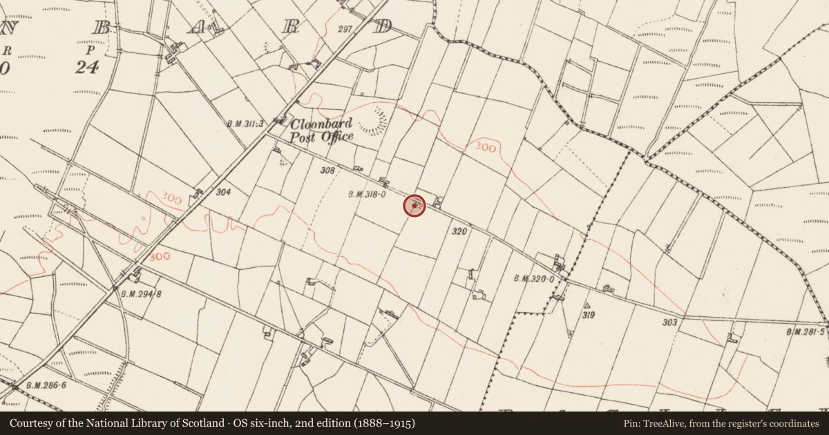 Ordnance Survey six-inch map, 2nd edition (1888–1915) covering the location of Barrow - bowl-barrow, Cloonbard, County Roscommon, with a pin at the register's coordinates