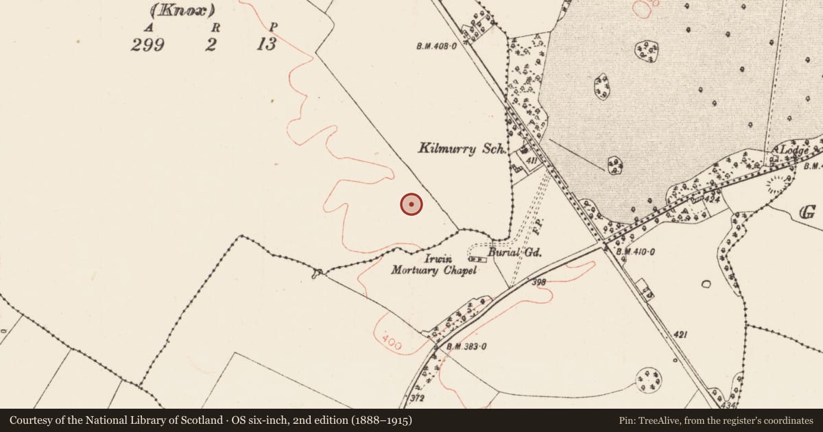 Ordnance Survey six-inch map, 2nd edition (1888–1915) covering the location of Enclosure, Ballindollaghan (Knox), County Roscommon, with a pin at the register's coordinates