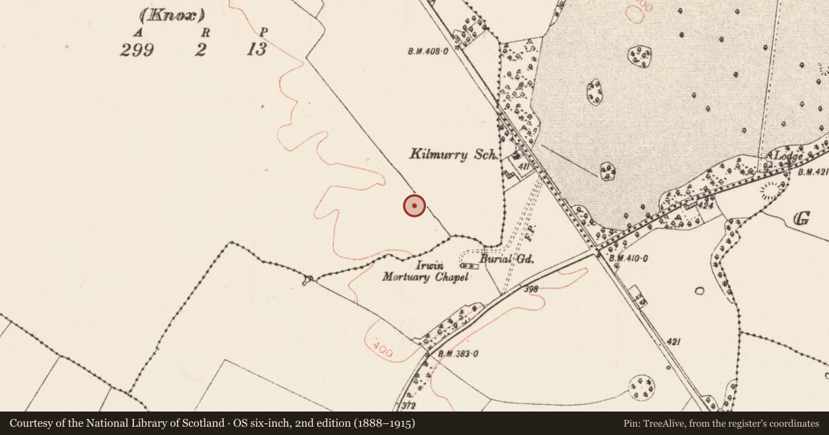 Ordnance Survey six-inch map, 2nd edition (1888–1915) covering the location of Enclosure, Ballindollaghan (Knox), County Roscommon, with a pin at the register's coordinates