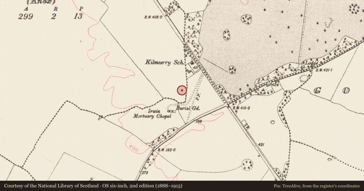 Ordnance Survey six-inch map, 2nd edition (1888–1915) covering the location of Barrow - embanked barrow, Ballindollaghan (Knox), County Roscommon, with a pin at the register's coordinates