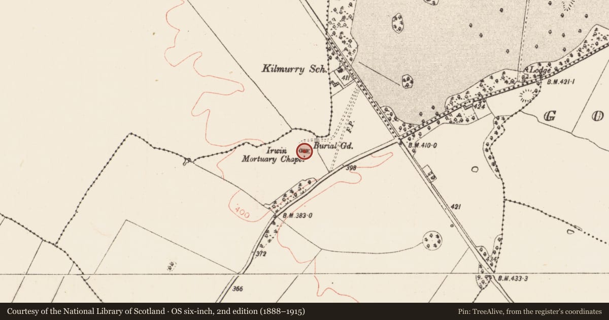 Ordnance Survey six-inch map, 2nd edition (1888–1915) covering the location of Church, Kilmurry, County Roscommon, with a pin at the register's coordinates