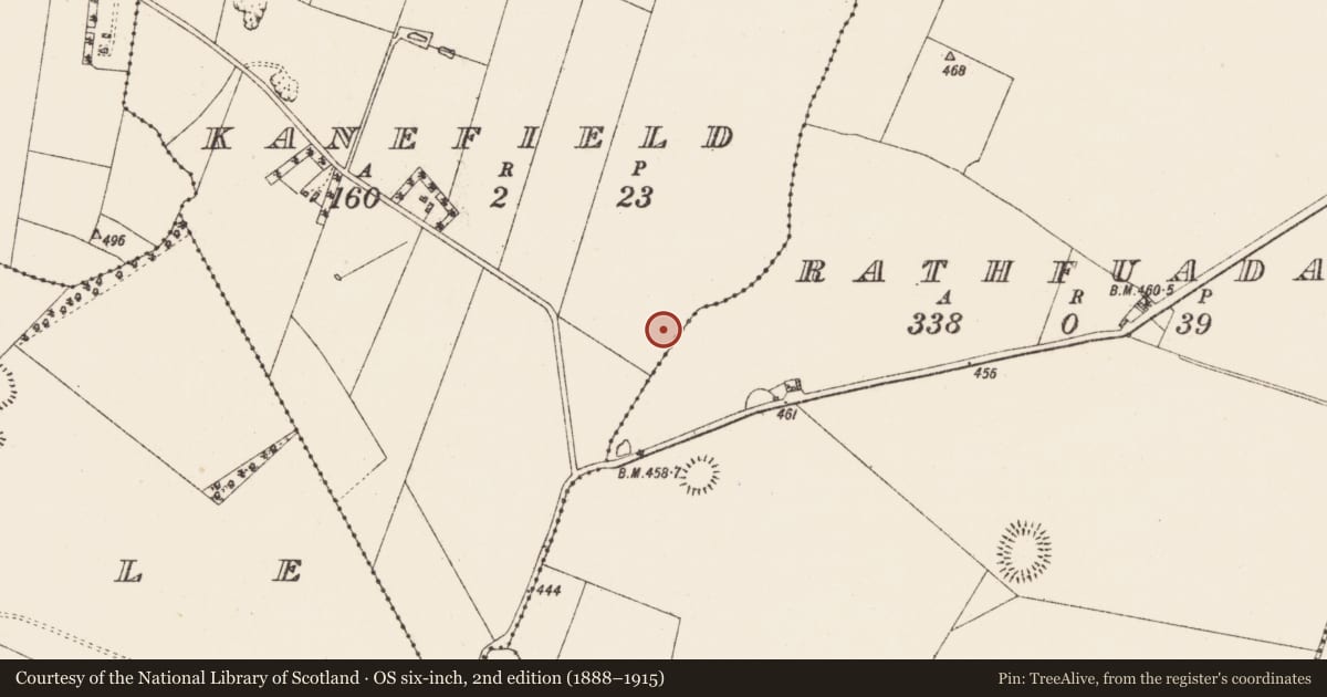 Ordnance Survey six-inch map, 2nd edition (1888–1915) covering the location of Enclosure, Rathfuadagh, Kanefield, County Roscommon, with a pin at the register's coordinates