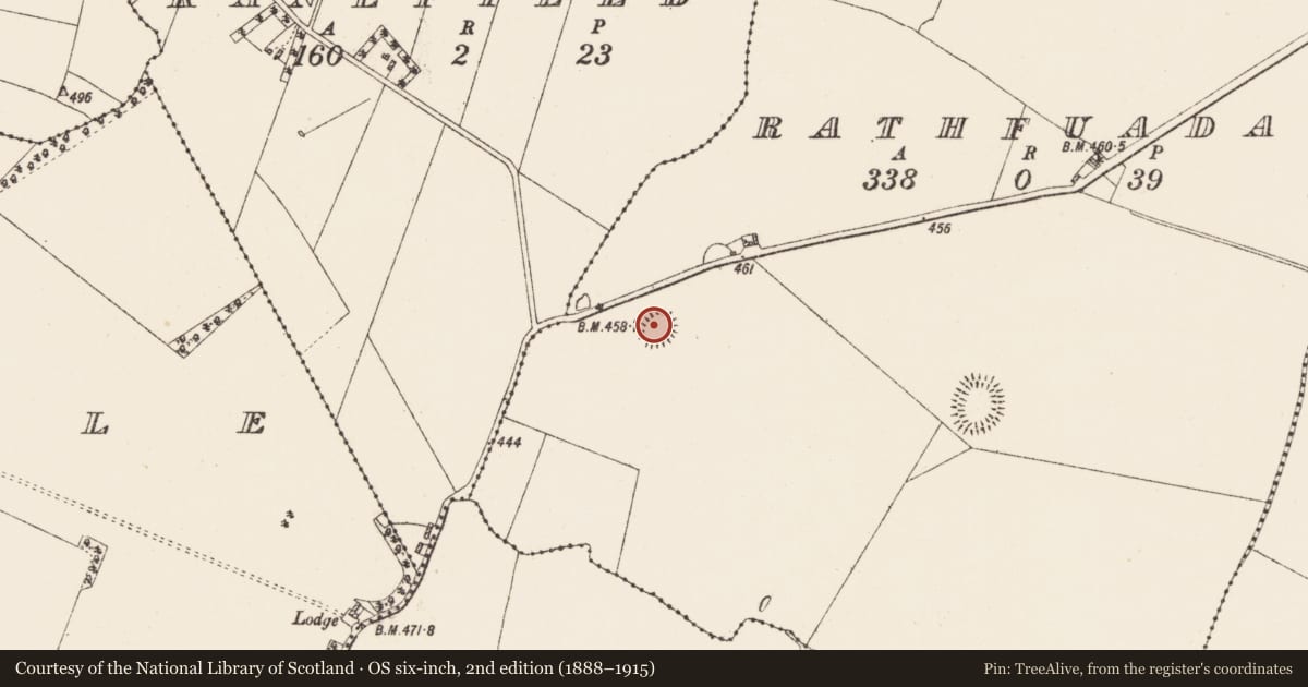 Ordnance Survey six-inch map, 2nd edition (1888–1915) covering the location of Ringfort - rath, Rathfuadagh, County Roscommon, with a pin at the register's coordinates