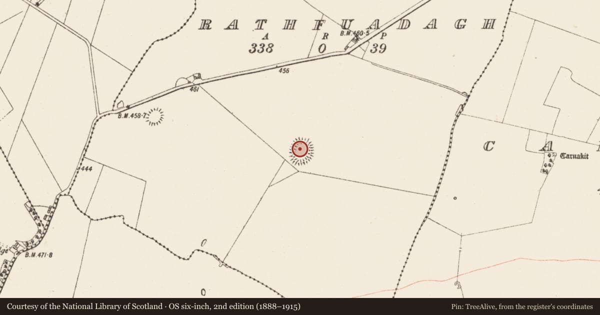 Ordnance Survey six-inch map, 2nd edition (1888–1915) covering the location of Ringfort - rath, Rathfuadagh, County Roscommon, with a pin at the register's coordinates