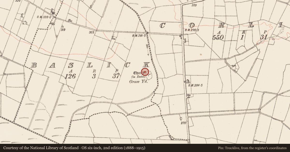 Ordnance Survey six-inch map, 2nd edition (1888–1915) covering the location of Ecclesiastical enclosure, Baslick, County Roscommon, with a pin at the register's coordinates