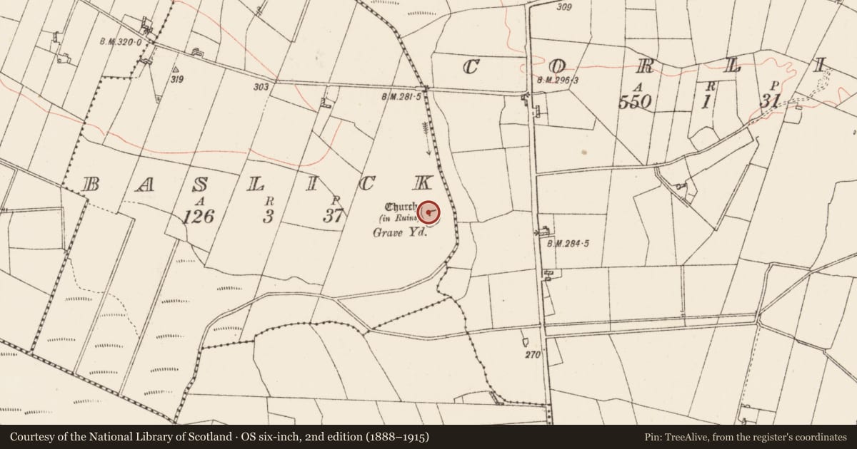 Ordnance Survey six-inch map, 2nd edition (1888–1915) covering the location of Ogham stone, Baslick, County Roscommon, with a pin at the register's coordinates
