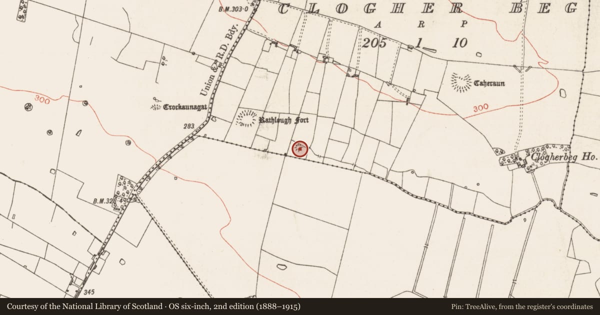Ordnance Survey six-inch map, 2nd edition (1888–1915) covering the location of Mound, Clogher Beg, County Roscommon, with a pin at the register's coordinates