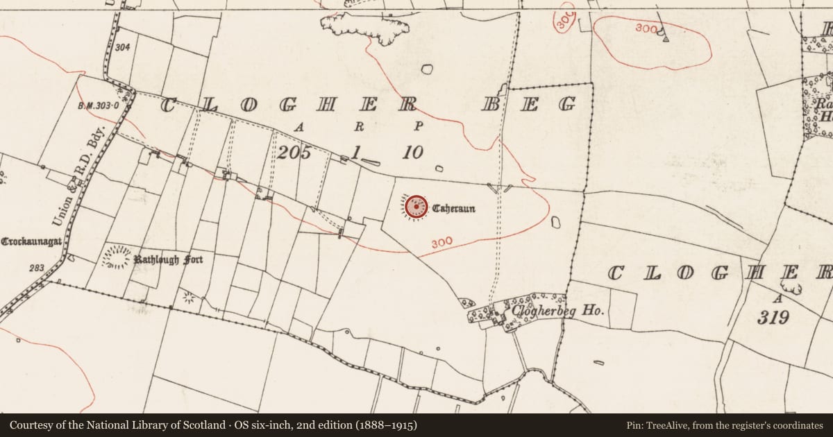 Ordnance Survey six-inch map, 2nd edition (1888–1915) covering the location of Ringfort - rath, Clogher Beg, County Roscommon, with a pin at the register's coordinates