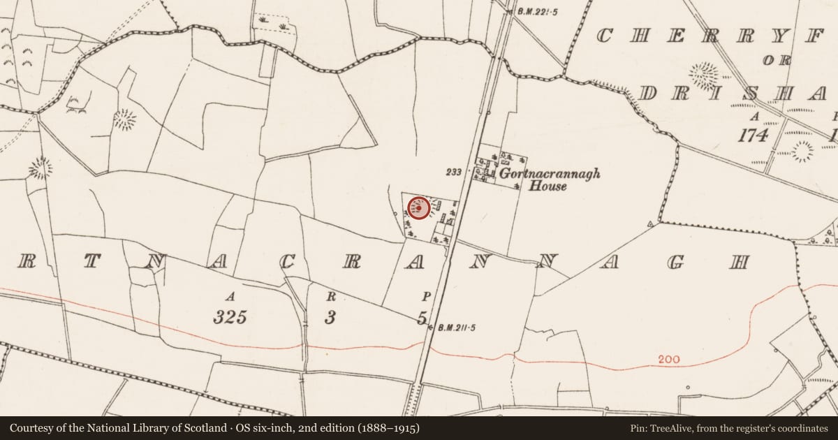 Ordnance Survey six-inch map, 2nd edition (1888–1915) covering the location of Ringfort - rath, Gortnacrannagh, County Roscommon, with a pin at the register's coordinates
