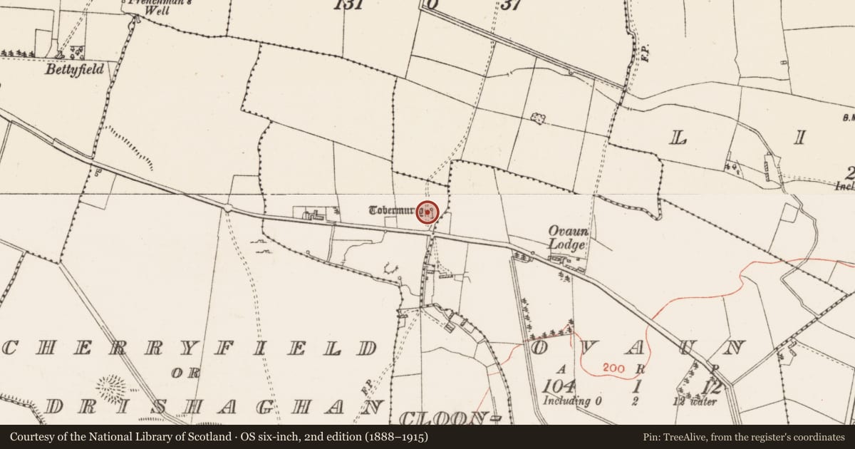 Ordnance Survey six-inch map, 2nd edition (1888–1915) covering the location of Ritual site - holy well, Cloonboyoge, County Roscommon, with a pin at the register's coordinates