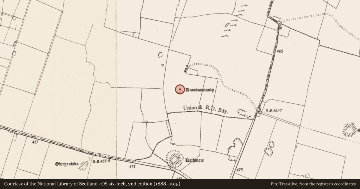 Ordnance Survey six-inch map, 2nd edition (1888–1915) covering the location of Earthwork, Ballyconboy, County Roscommon, with a pin at the register's coordinates