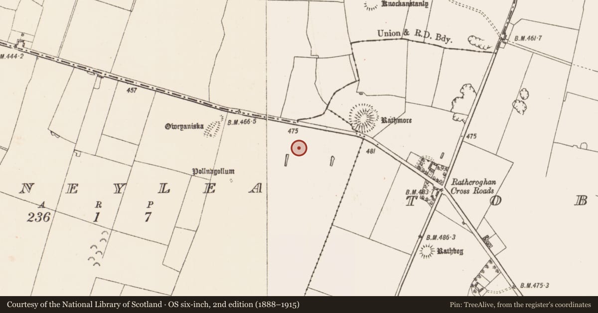Ordnance Survey six-inch map, 2nd edition (1888–1915) covering the location of Barrow - ring-barrow, Moneylea, County Roscommon, with a pin at the register's coordinates