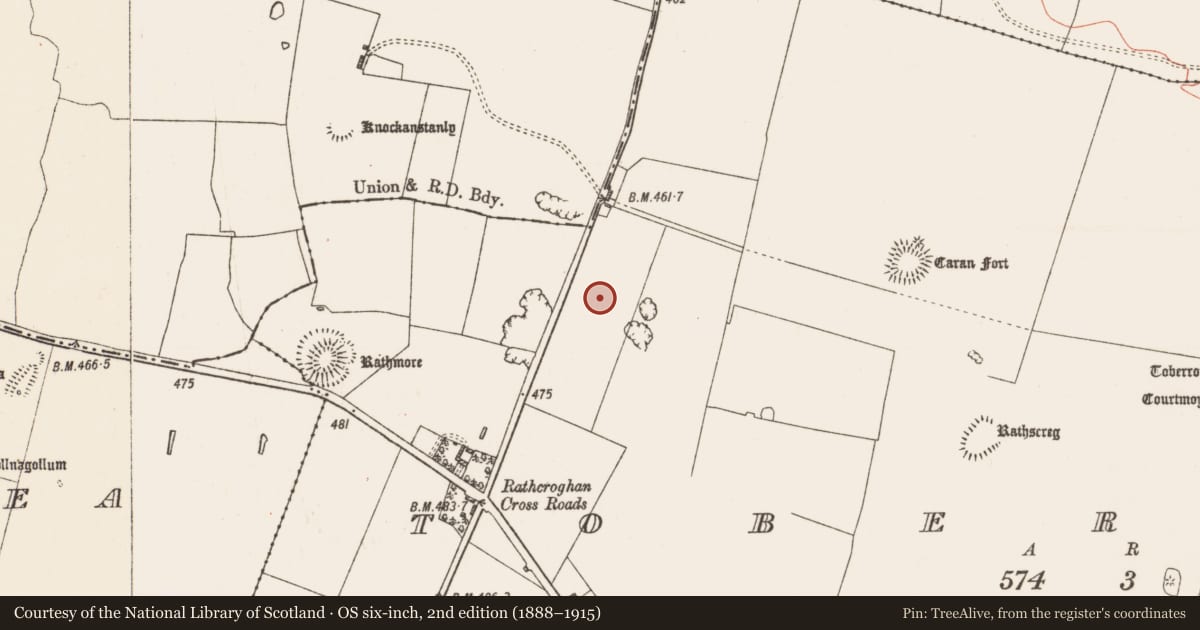 Ordnance Survey six-inch map, 2nd edition (1888–1915) covering the location of Barrow - mound barrow, Toberrory, County Roscommon, with a pin at the register's coordinates