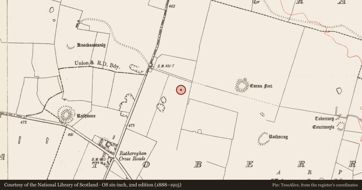 Ordnance Survey six-inch map, 2nd edition (1888–1915) covering the location of Barrow - mound barrow, Toberrory, County Roscommon, with a pin at the register's coordinates