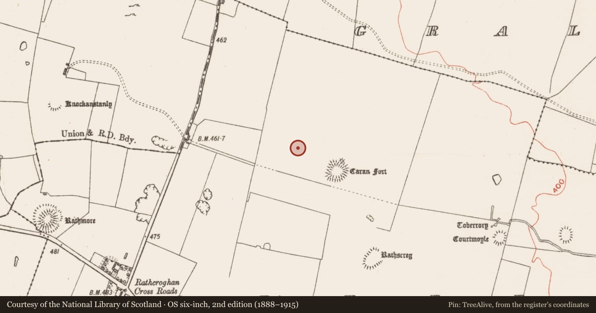 Ordnance Survey six-inch map, 2nd edition (1888–1915) covering the location of Enclosure, Toberrory, County Roscommon, with a pin at the register's coordinates