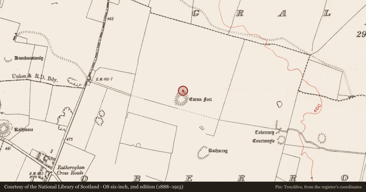 Ordnance Survey six-inch map, 2nd edition (1888–1915) covering the location of Barrow - mound barrow, Toberrory, County Roscommon, with a pin at the register's coordinates