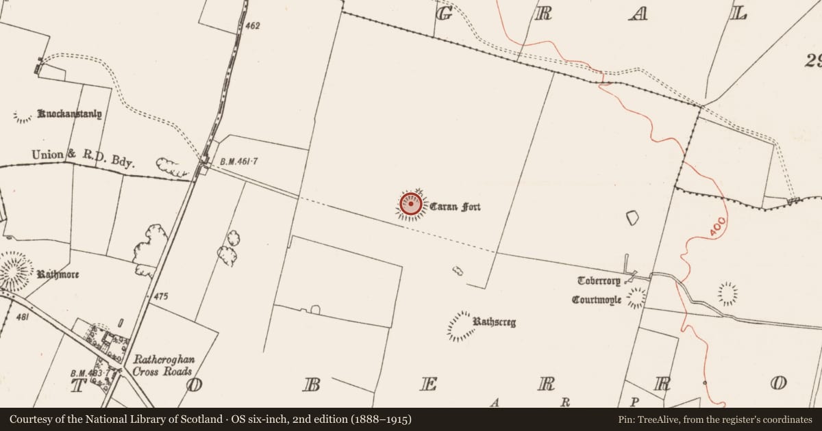 Ordnance Survey six-inch map, 2nd edition (1888–1915) covering the location of Ringfort - rath, Toberrory, County Roscommon, with a pin at the register's coordinates