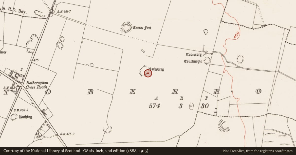 Ordnance Survey six-inch map, 2nd edition (1888–1915) covering the location of Ringfort - rath, Toberrory, County Roscommon, with a pin at the register's coordinates