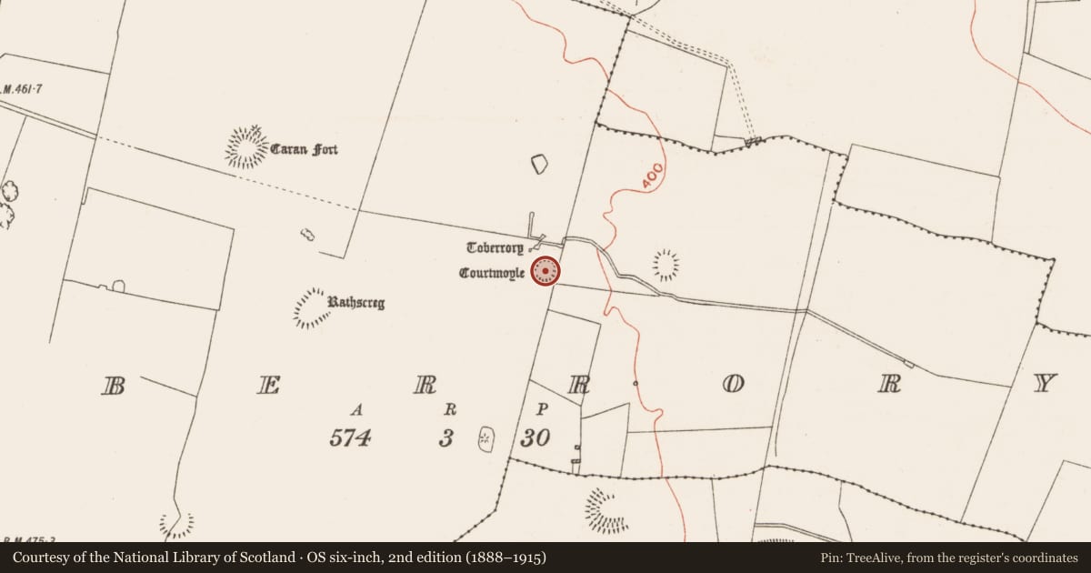 Ordnance Survey six-inch map, 2nd edition (1888–1915) covering the location of Ringfort - rath, Toberrory, County Roscommon, with a pin at the register's coordinates