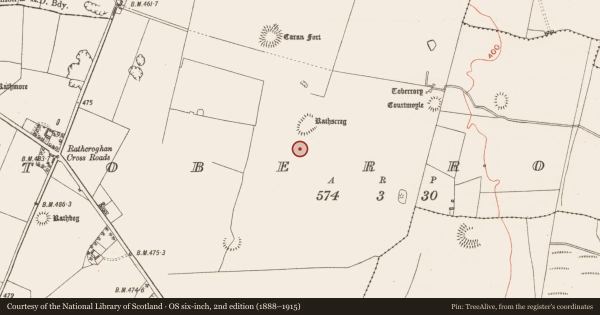 Ordnance Survey six-inch map, 2nd edition (1888–1915) covering the location of Road - road/trackway, Toberrory, County Roscommon, with a pin at the register's coordinates
