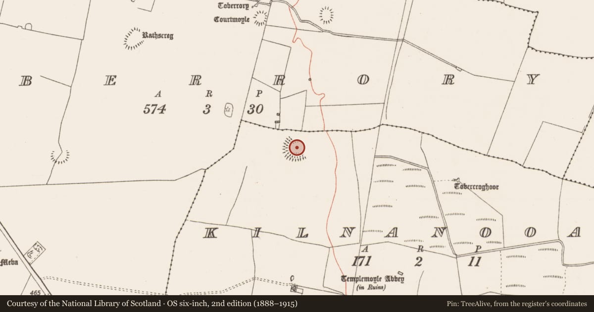 Ordnance Survey six-inch map, 2nd edition (1888–1915) covering the location of Barrow - stepped barrow, Kilnanooan, County Roscommon, with a pin at the register's coordinates