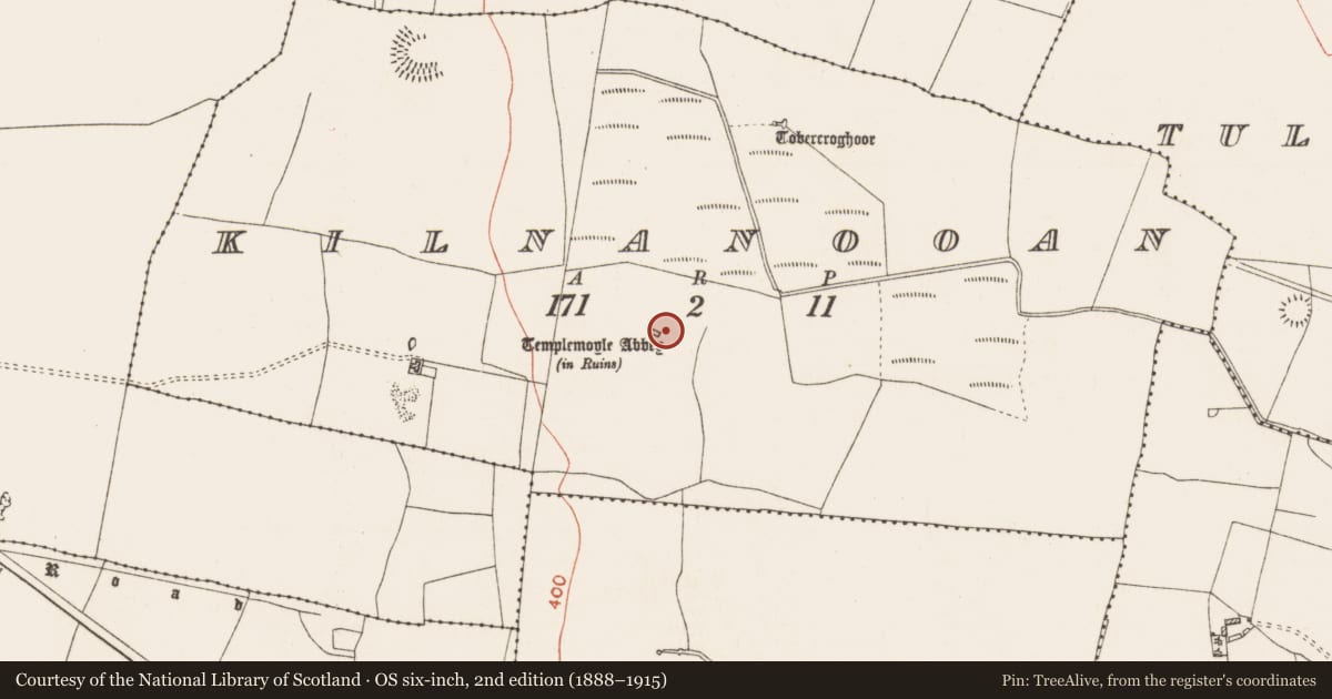 Ordnance Survey six-inch map, 2nd edition (1888–1915) covering the location of Architectural fragment, Kilnanooan, County Roscommon, with a pin at the register's coordinates