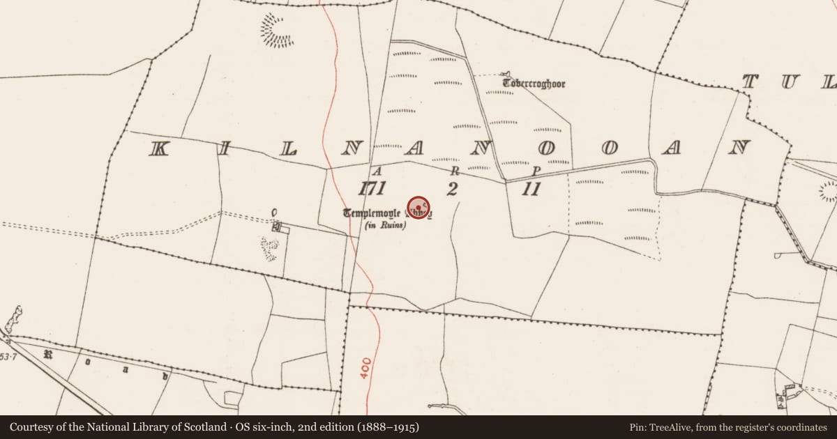 Ordnance Survey six-inch map, 2nd edition (1888–1915) covering the location of Graveyard, Kilnanooan, County Roscommon, with a pin at the register's coordinates