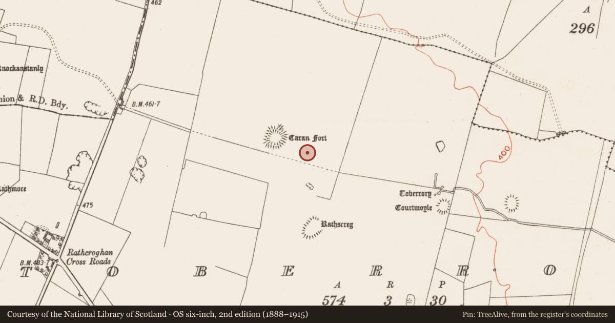Ordnance Survey six-inch map, 2nd edition (1888–1915) covering the location of Pitfield, Toberrory, County Roscommon, with a pin at the register's coordinates